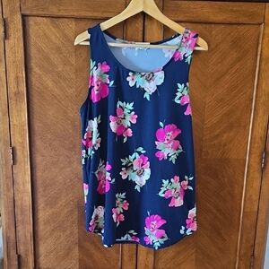 Floral Print Sleeveless Tank Top - Navy and Pink